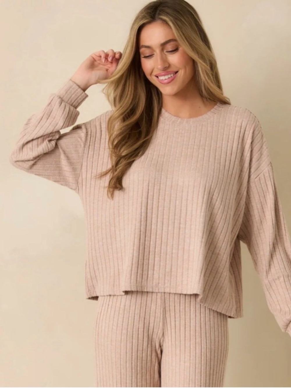 Z SUPPLY TAUPE DAYDREAM SILKY RIB LONG SLEEVE TOP